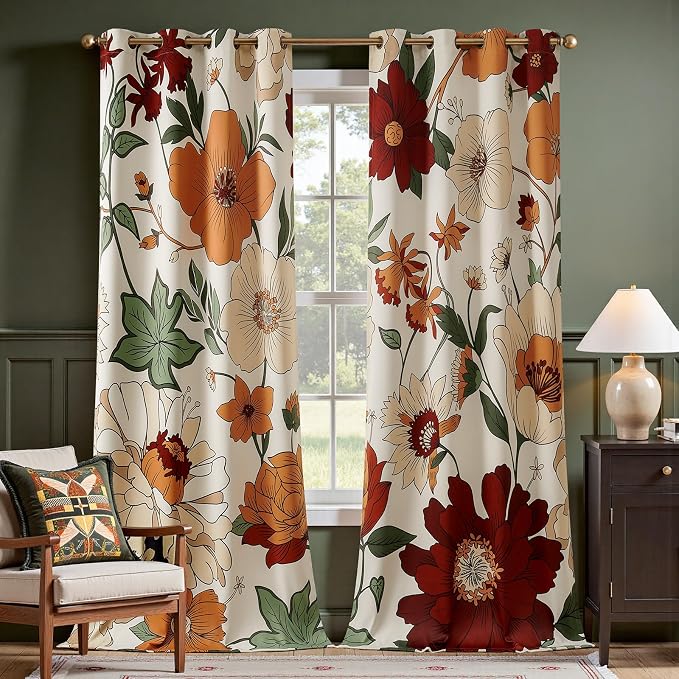 jinchan Lora Floral Curtains for Bedroom Blackout Curtains for Living Room Beige Boho Window Treatment Room Darkening Drapes Vintage Flower Pattern 102 Inches Length 2 Panels Set with Grommet