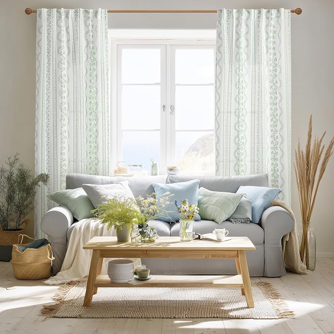 Light Sage Green and White Vine Spring Curtains for Living Room, Cottage Core Floral Pattern Light Filtering Sheer Window Panels for Bedroom Kitchen, 84 Inches Long