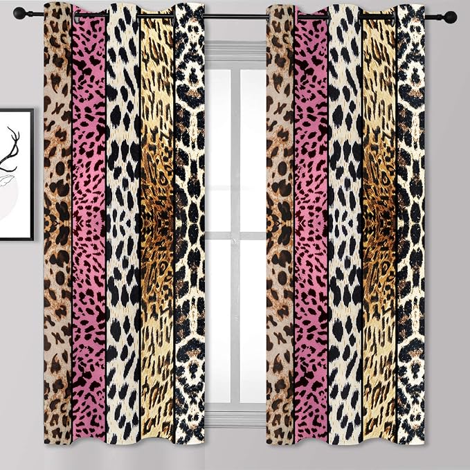 Wild Animal Print Curtain, Room Darkening Thermal Insulated Blackout Leopard Boa Window Drapes with Grommets for Living, Dining, Bedroom, Pink Leopard Print, 42"x 63", 2 Panels