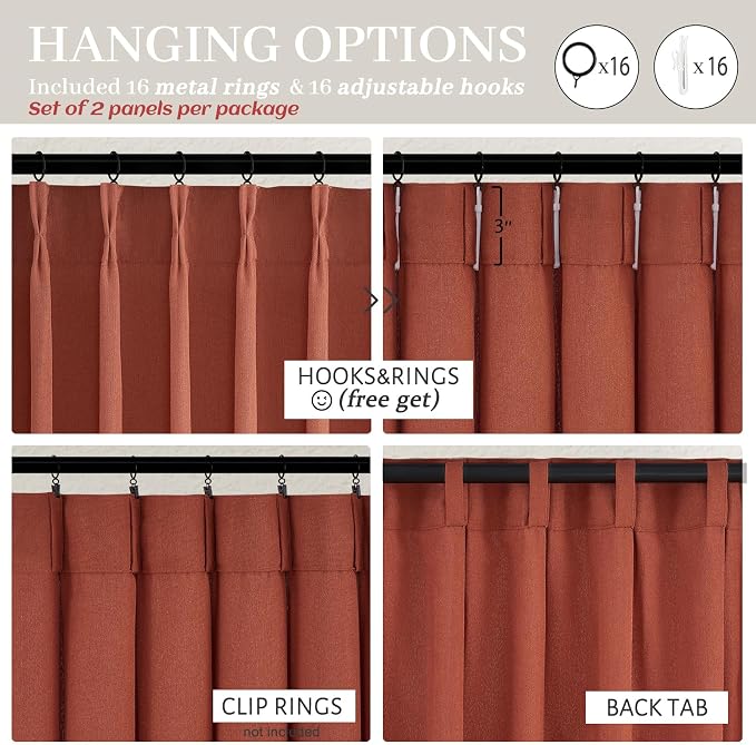 Pinch Pleated Burnt Orange Semi Sheer Curtains 102 Inches Long 2 Panels Set for Dining Room, Petty Natural Thick Linen Light Filtering Triple Pleat Aesthetic Curtain with Back Tab 40"W x 102"L Length
