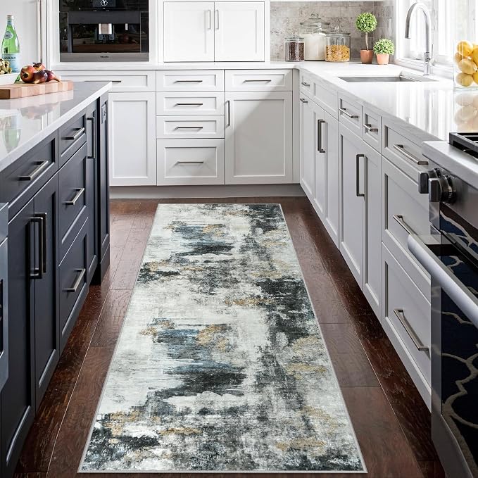 Runner Rug for Hallways Kitchen 2'6"x8' Washable Non Slip: Carpet Non Skid 8ft Entryway Rubber Backed 8 Feet Neutral Abstract Modern Rug Low Pile Pet Friendly Indoor Black Gold