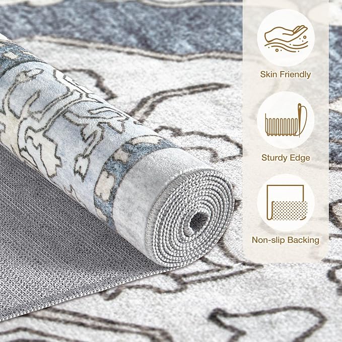 cotiled 4x6 Area Rug Machine Washable Vintage Carpet for Living Room Bedroom Soft Non-Slip Backing Floor Mat Kid & Pet Friendly Stain Resistant Light Blue