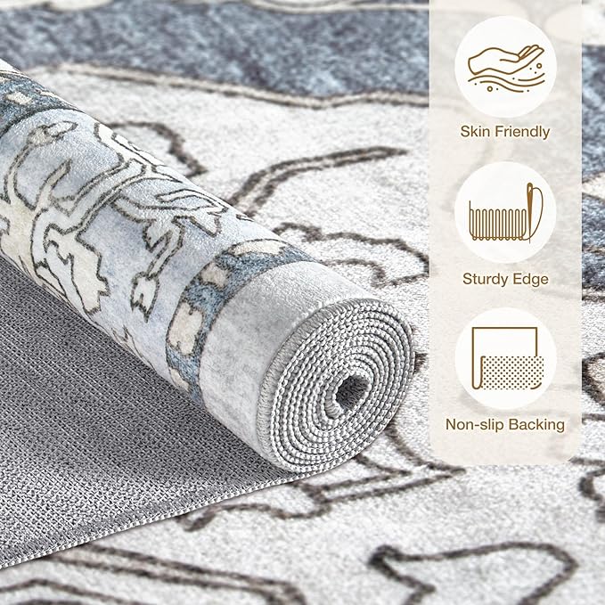 cotiled 5x8 Area Rug Machine Washable Vintage Carpet for Living Room Bedroom Soft Non-Slip Backing Floor Mat Kid & Pet Friendly Stain Resistant Light Blue