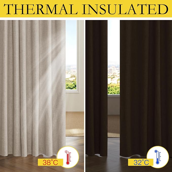 NICETOWN Oatmeal Vintage Open Linen Weave Flax Thermal Curtains, 100% Blackout Curtains 90" Long for Dining Room, Soundproof Window Treatment Drapes for Hall Room, 42" Wide Per Panel, Set of 2