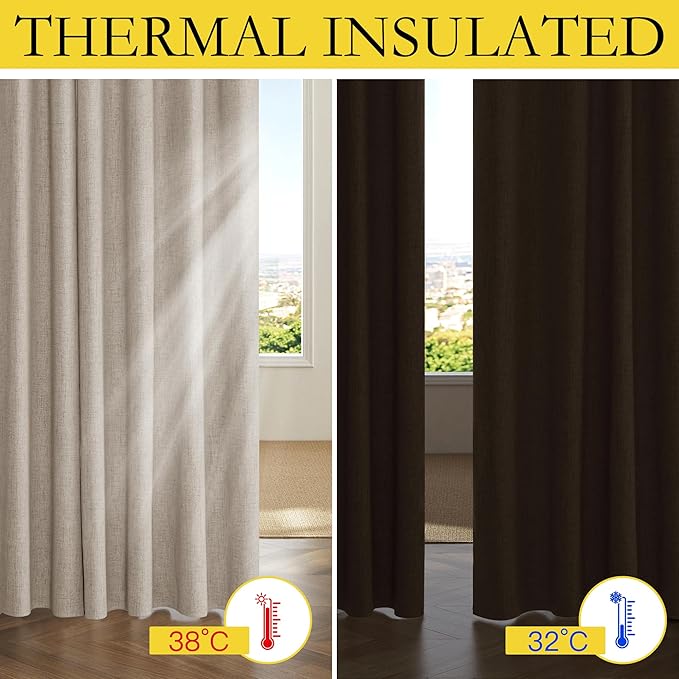 NICETOWN Oatmeal Vintage Open Linen Weave Flax Thermal Curtains, 100% Blackout Curtains 120" Long for Dining Room, Soundproof Window Treatment Drapes for Home Office, 62" Wide Per Panel, Set of 2