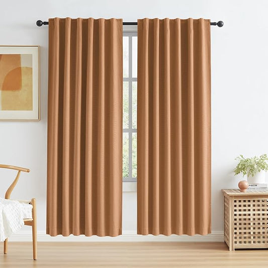 KEQIAOSUOCAI Burnt Orange Blackout Linen Curtains 2 Panels Set 72 Inch Length for Living Room Hook Belt Back Tab Boho Muted Ochre Orange Curtains for Bedroom W50 x L72