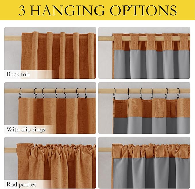 NICETOWN 100% Blackout Burnt Orange Curtains, W52 x L90 in, Thick Linen Blend Rod Pocket & Back Tab, Thermal Insulated Draperies with Grey Liner for Bedroom, Living Room(Set of 2, Pumpkin)