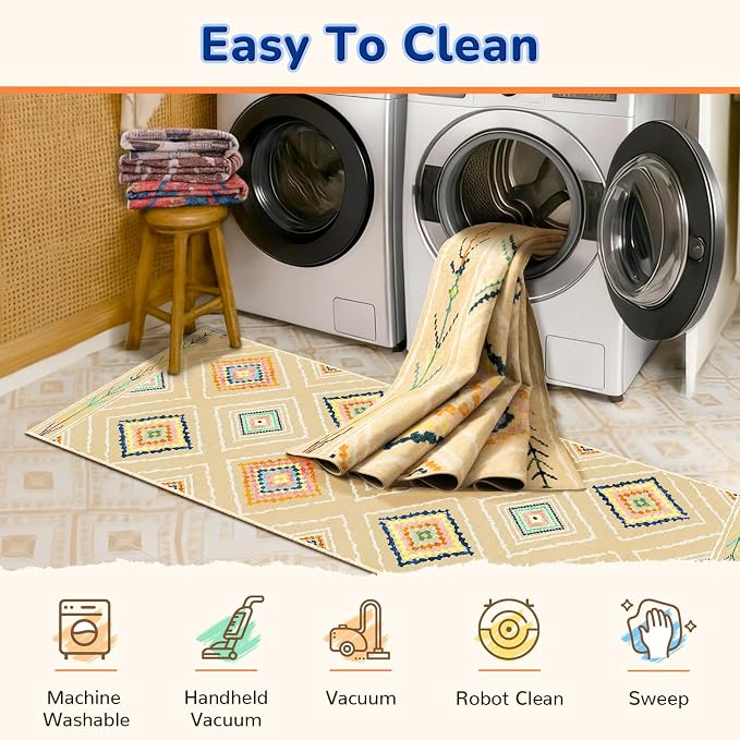 BESTSWEETIE Area Rug 6x9 Rug Machine Washable Non-Slip Low Pile Print Pattern Western Rug for Living Room Bedroom Entryway Tribal Series -Cream/Beige