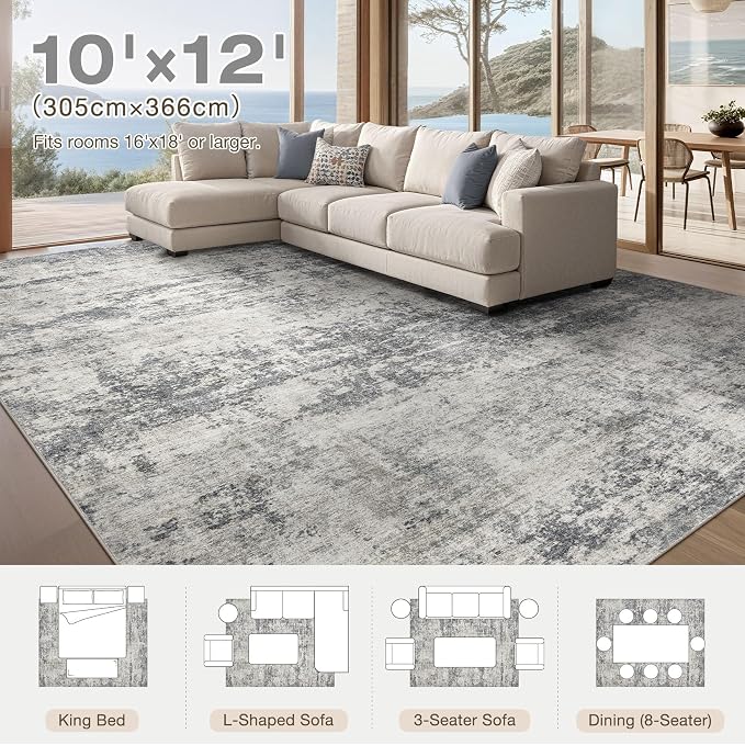 Abstract 10x12 Area Rug: Machine Washable Non Slip Ultra Thin Low-Pile Carpet, Soft Stain Resistant for Living Dining Room Bedroom, Kid Pet Friendly, Robot Vacuum Compatible - Grey Beige