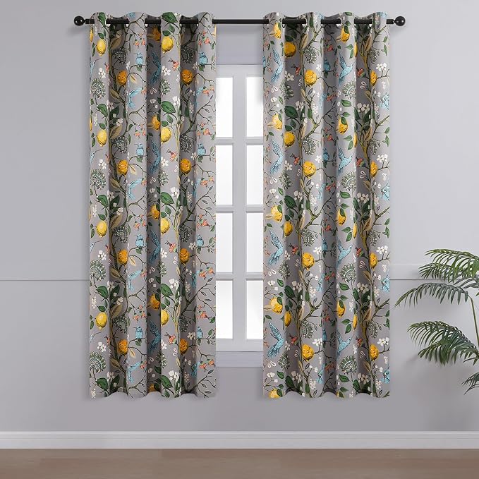 Topfinel Kitchen Curtains 45 Inch Length Gray Vintage Blackout Curtains for Cafe Kitchen, Short Grommet Luxury Whimsical Floral Hummingbird Patterned 45 Inches Long for Living Room Bedroom