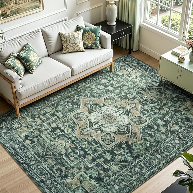 Lofus 5x7 Washable Rugs Non-Slip, Vintage Floral Area Rug for Living Room Bedroom Dining Room Kitchen, Low Pile Distress Print Carpet Home Decor Rug, Octagram Medallion Green
