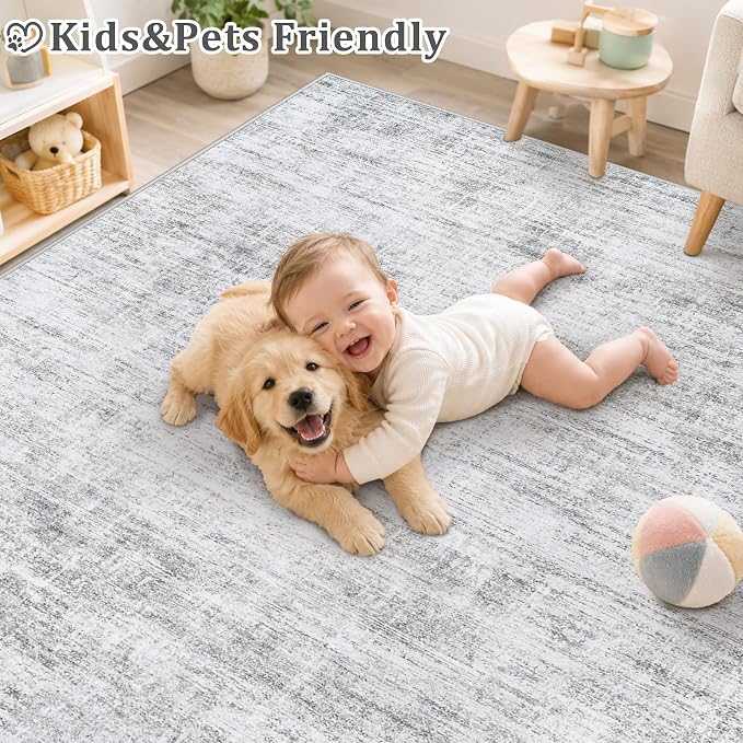 9x12 Area Rugs for Living Room Washable Rugs Neutral Abstract Large Rug Soft Modern Carpet Non-Slip Stain Resistant Low Pile Rug for Bedroom Dining Room Nursery Home Office Under Table Area Rug Grey