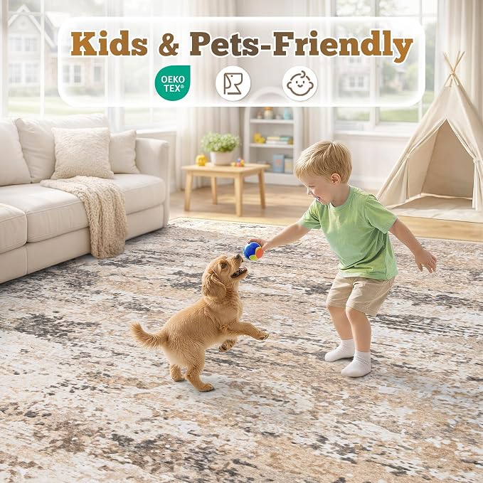 5x7 Area Rugs for Living Room: Washable Abstract Neutral Rug Modern Soft Non Slip Low Pile Rugs Floor Indoor Stain Resistant Carpet for Bedroom Dining Room Nursery Home Office (Light Brown, 5'x7')