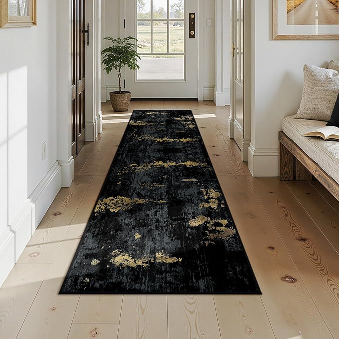 RELEANY Washable Area Rugs 2x9 Non-Slip Modern Abstract Soft for Living Room Entryway Bedroom Kitchen, Print Pattern, Dark Black Gold