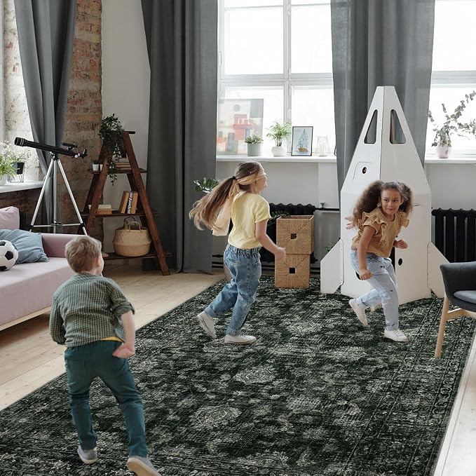 FROZZUR Boho Green Area Rug 6x9 Large Vintage Rug for Living Room Bedroom Dining Table, Non Slip Distressed Washable Rugs for Home Office Christmas Decor Green