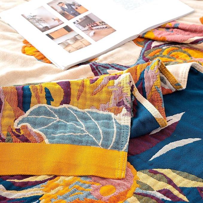MSGKV Boho Throw Blanket for Couch and Sofa 50"x60" Cotton Throw Cover for Living Room with Floral and Butterfly, Spring Breathable&Lightweight Blanket