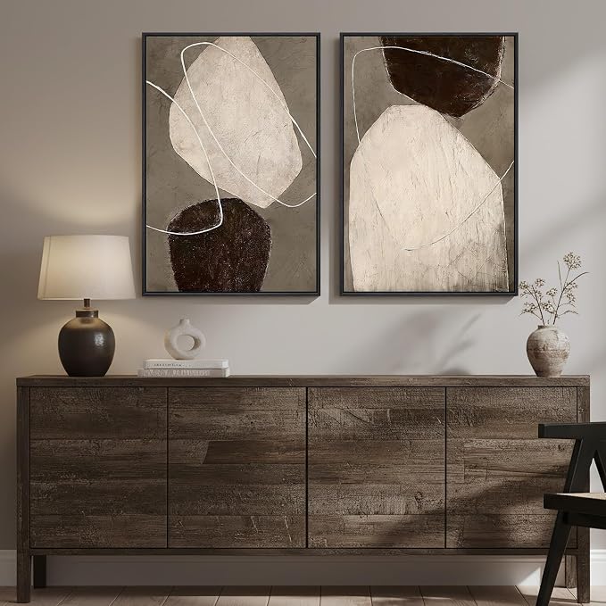 Framed Modern Abstract Wall Art for Living Room, Set of 2 Beige Brown Neutral Canvas Artwork for Walls, Large Contemporary Wabi Sabi Minimalist Painting Print for Hallway Bedroom Wall Decor, 24x36 In