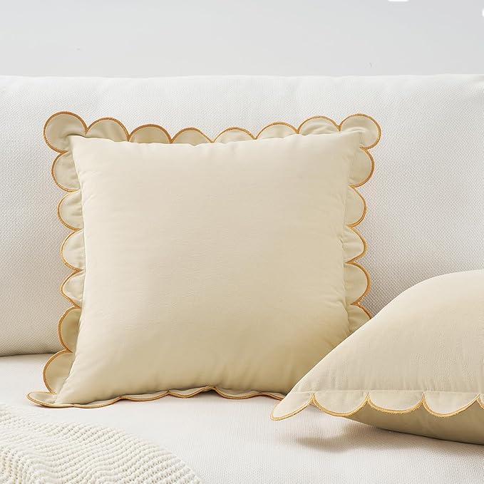 MONDAY MOOSE Decorative Throw Pillow Covers Cushion Cases, Set of 2 Soft Velvet Scalloped Round Edge Designs, Mix and Match for Home Decor, Pillow Inserts Not Included (20x20 inch, Cream)