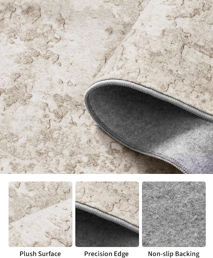 Art&Tuft Runner Rug Non-Slip - 2‘6" x8' Washable Hallway Runner Rug, Low-Pile Rugs Runners, Soft Distressed Carpet Runners for Hallway Bedroom Bathroom Kitchen Laundry Living Room, Beige
