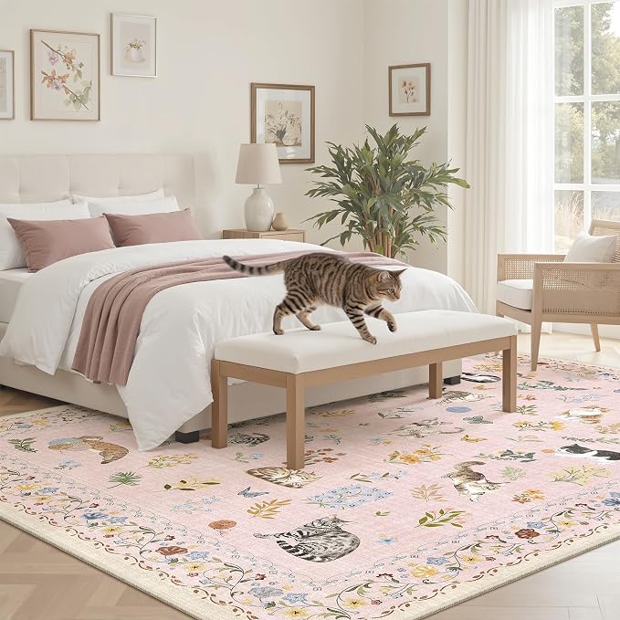 Soalmost Cat 5x7 Pink Area Rugs for Baby Girl Nursery, Machine Washable Animal Floral Vintage Rug Non-Slip Low Pile Soft Throw Rugs for Living Room Kitchen Dining Room Bedroom Playroom (5 x 7,Pink)
