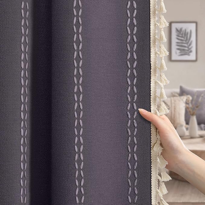 Gray Purple Boho Blackout Curtains 2 Panels 84 Inch for Living Room Bedroom, Linen Texture Farmhouse Curtains with Tassels and Purple Cotton Embroidery Vintage Rustic Country