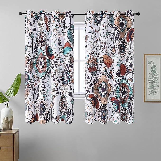 Estelar Textiler Boho Floral Curtains Nature Style 63 inch Length 2 Panels Set,Flower Patterned Thermal Insulated Room Darkening Thick Grommet Top Farmhouse Window Treatment Curtains,52x63 Inches