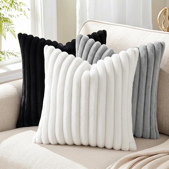 Pallene Faux Fur Plush Throw Pillow Covers 24x24 Set of 2, Luxury Soft Fluffy Striped Decorative Pillow Covers for Sofa, Couch, Living Room, Black
