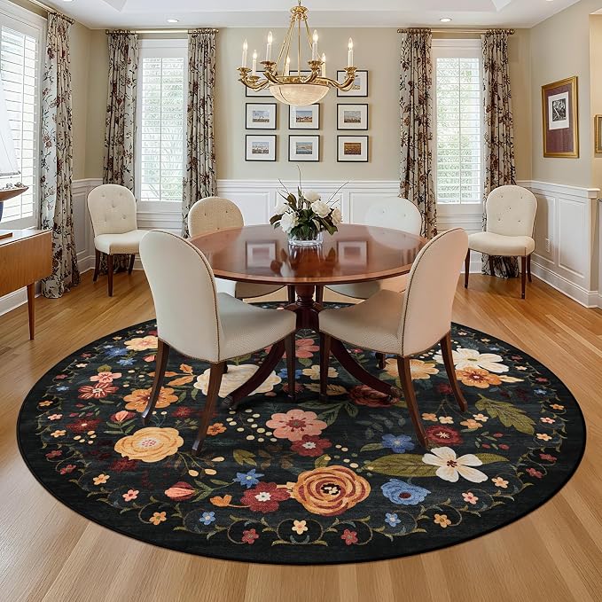 6ft Round Machine Washable Area Rug for Living Room, Black Green Vintage Boho Floral Rug Non-Slip Low Pile Soft Faux Wool Carpet Kids and Pets Friendly for Bedroom Nursery Farmhouse Home Decor Rug