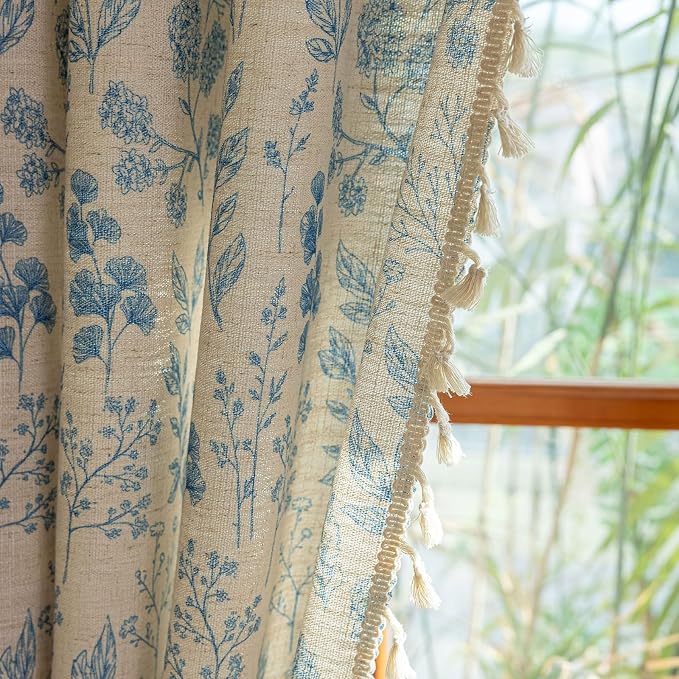 OYX Boho Blue Floral Curtains 63 Inch,Linen Farmhouse Leaf & Flower Drapes with Tassels, Light Filtering Semi Sheer Curtains for Living Room Bedroom, 2 Panels, Rod Pocket, 52Wx63L