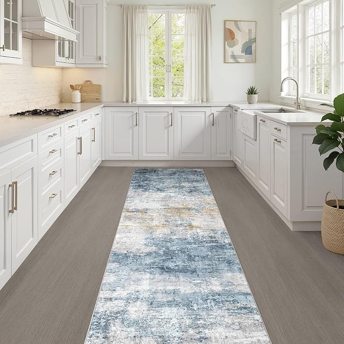 Runner Rug Non-Slip Kitchen Rug: 3x10 Washable Abstract Modern Soft Stain Resistant Indoor Floor Neutral Accent Throw Carpet for Hallway Bathroom Laundry Room Bedroom Entryway- Blue Gold