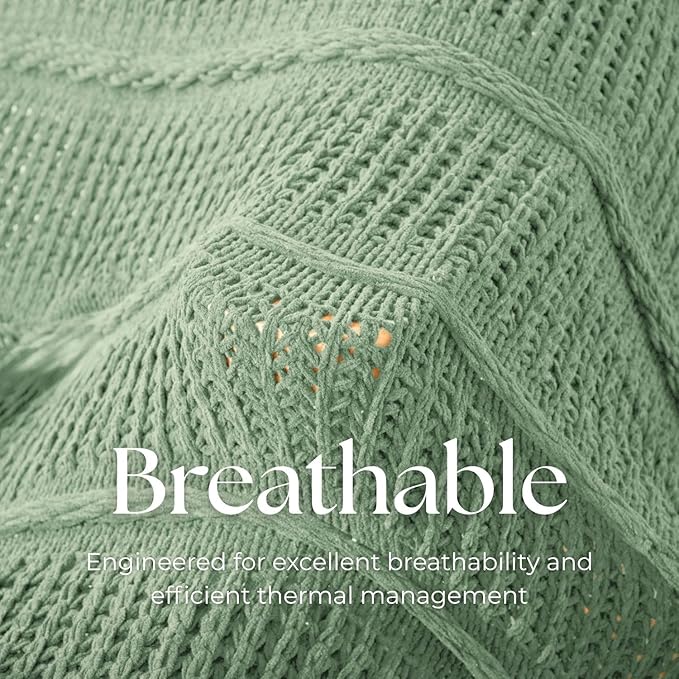 Boho Knitted Chenille Blanket with Tassels - Lightweight & Soft All-Season Throw - 3D Classic Pattern for Living Room Bedroom Couch, Sage Green, Queen 90"x90"