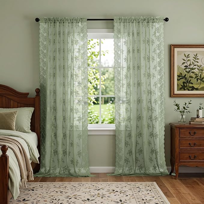 Kotile Sage Green Lace Curtains 84 Inches Long 2 Panels, Country Rustic Floral Design Green Spring Curtains for Living Room, Rod Pocket Privacy Sheer Lace Curtains, 42 x 84 Inch Each, Sage Green