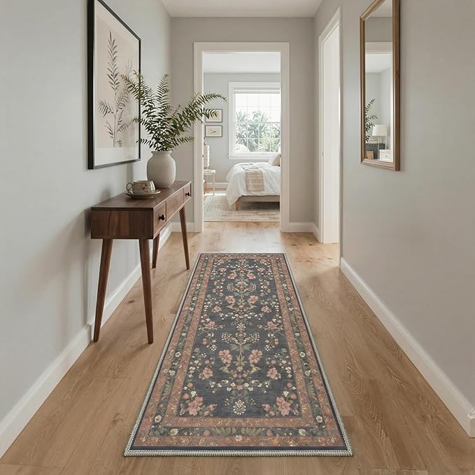 GENIMO 5x7 Area Rugs for Living Room, Machine Washable Non Slip Vintage Rugs, Low Pile Lightweight Chenille Print Rug for Bedroom, Dining Room, Home Office, Dusty Charcoal