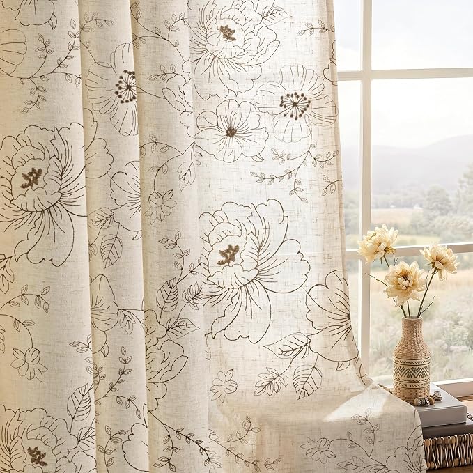 Boho Floral Curtains, Vintage Farmhouse Curtains 84 Inches Long, Camel Cottage Core Flower 2 Panels