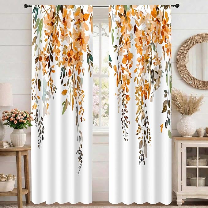 Orange Watercolor Floral Curtains, Botanical Leaves Vine Flowers Curtain, Rustic Farmhouse Flower Leaf Blackout Window Treatment Drapes for Bedroom Living Room 42x90 inch, 2 Panels