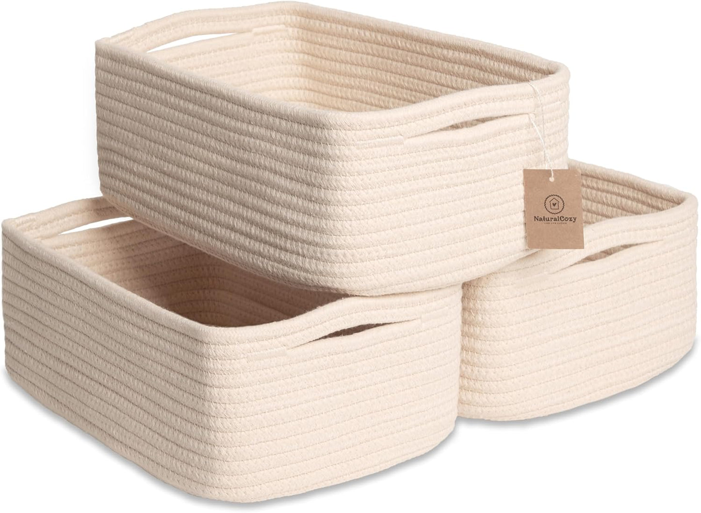 NaturalCozy 11.8"x8"x4.5” Storage Baskets for Shelves 3 Pack | Cotton Rope Woven Small Baskets for Organizing | Small Storage Bins for Nursery, Bathroom, Closet, Cube Shelf, Decorative, Gift Basket