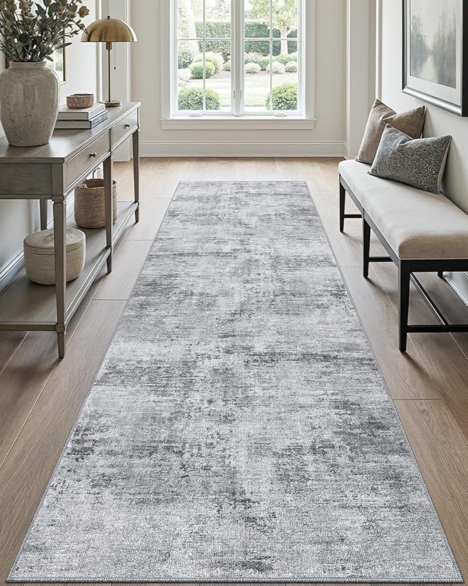 DEXI Hallway Runner Rug Washable 2'8''x10', Modern Abstract Soft Thin Hallways Runner with Non Slip Backing, Low Pile Entryway Floor Rug, Stain Resistant Carpet for Bedroom Living Room, Light Grey