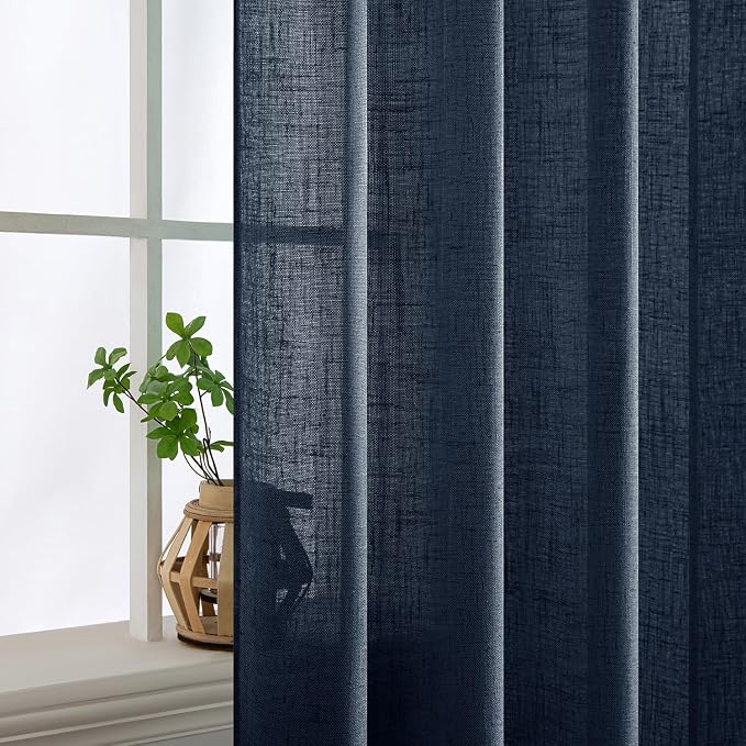 MIULEE Navy Blue Linen Curtains 96 Inch Length 2 Panels for Bedroom Living Room, Soft Thick Linen Textured Natural Window Drapes Semi Sheer Light Filtering Back Tab Rod Pocket Burlap Look Decor