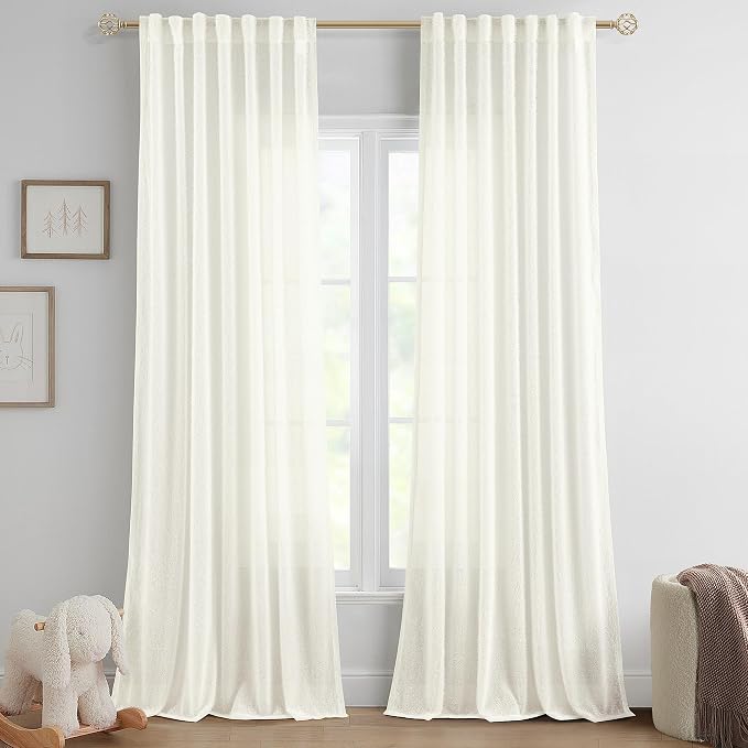 Cream Colored Shabby Chic Curtains 84 inches Long 2 Panel Set for Living Room Back Tab Semi Sheer Boho Farmhouse Curtain Cute Furry Nursery Bedroom Drapes Elegant Aesthetic Room Decor Ivory White