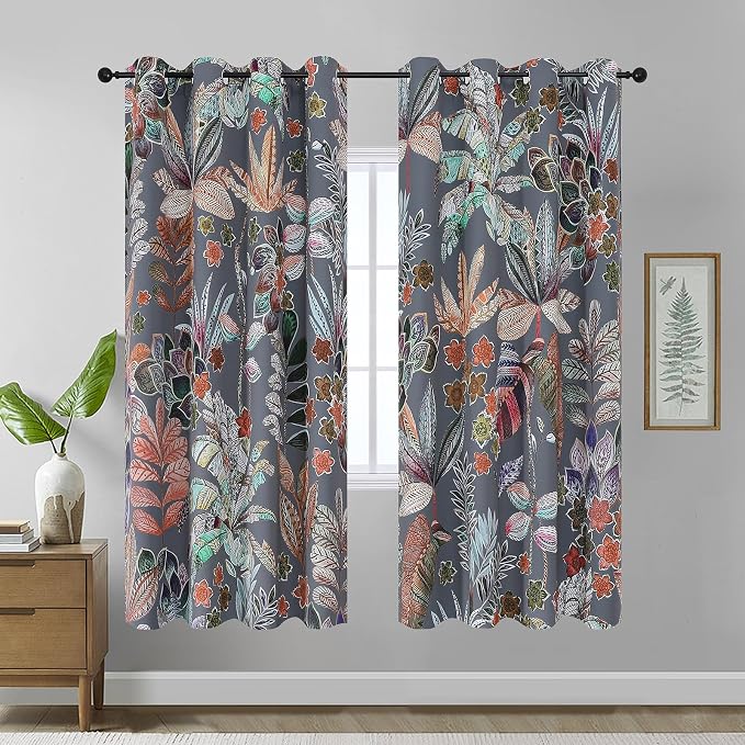 Estelar Textiler Room Darkening Blackout Curtains 72 Inch Long, Insulated Window Drapes for Living Room, Grey Leaves and Petals Pattern Design Energy Saving Bedroom Decor,52x72 Inch, 2 Panels