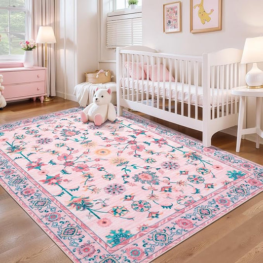 Tangsoo 3x5 Pink Small Area Rug for Bedroom Girls, Non Slip Washable Cute Floral Rug for Nursery Bedside, Soft Low Pile Front Door Carpet Indoor Entrance Inside House Bathroom Classroom Teen Room