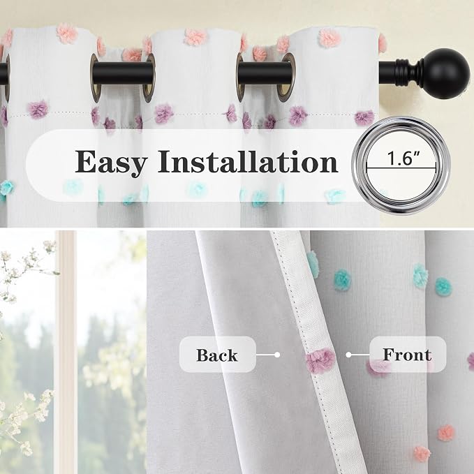 MEETSKY Kids Blackout Curtains for Girls Bedroom 63 Inches Nursery Curtains with Rainbow Pom Pom Sheer Room Darkening Window Drapes for Living Room Grommet Set of 2, 52" W x 63" L