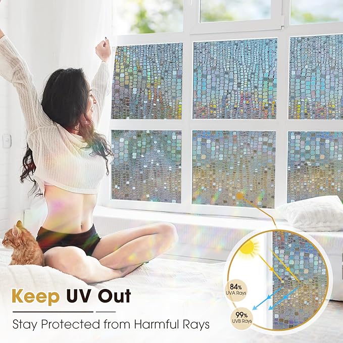 Windimiley Rainbow Window Privacy Film, 3D Stained Glass Christmas Decorative Window Clings, UV Heat Blocking Holographic Prism Stickers for Home (17.5 x 157.5In,Brown)