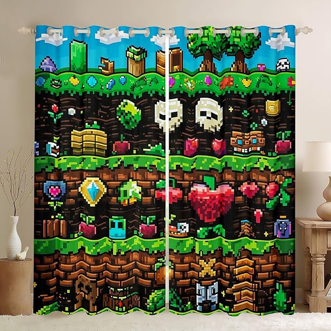 Castle Fairy Video Games Window Curtain,Colorful Pixelated Themed Bedroom Decor Curtains for Kids Boys Teens,Sandbox Block Window Treatment Funny Gamer Blackout Drapes 2 Panels,38Wx54L
