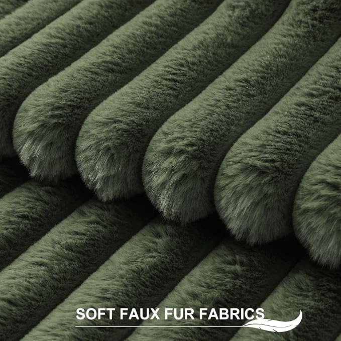 Pallene Faux Fur Plush Throw Pillow Covers 26x26 Set of 2, Luxury Soft Fluffy Striped Decorative Pillow Covers for Sofa, Couch, Living Room, Olive Green