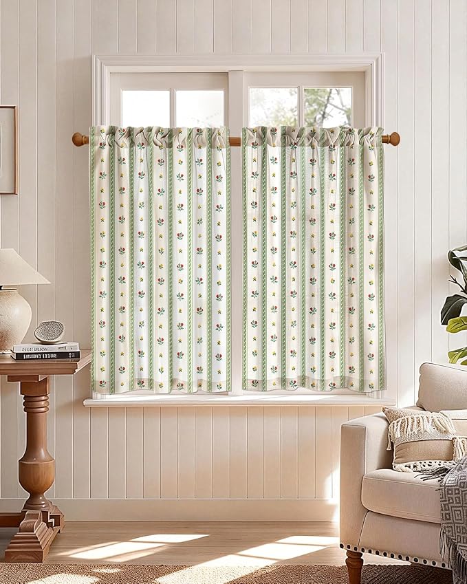 Miss Adola Farmhouse Kitchen Tier Curtains - 36 Inch Length Linen Blend Floral Cafe Curtains Green Stripe Small Window Treatment Over Sink Rod Pocket for Bathroom Living Room Light Filtering, 2 Panels