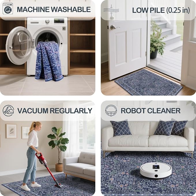 Washable 2' x 6' Runners for Hallways, Non Slip Long Floor Runner for Kitchen, Entryway Indoor, Stain Resistant Rubber Backing Floral Decor Rug (Blue)