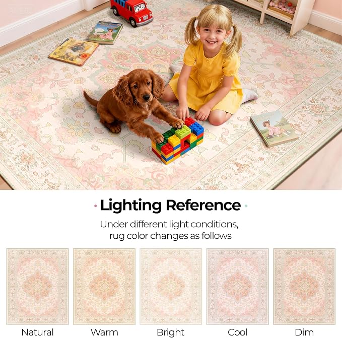 CAPALOCA Machine Washable Rugs Nursery Rug 5x7 Cute Girl Non Slip Low Pile Water Repellent Soft Print Pattern for Bedroom Indoor Decor Kids Playroom Pink Green