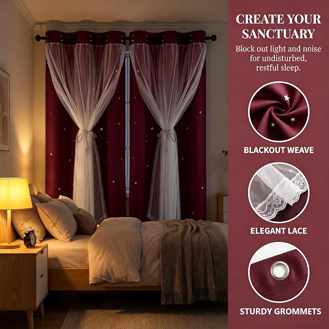 Kids Blackout Curtains for Bedroom/Living Room/Classroom, Sheer Overlay Small 2 Panel Set, Double Layer Curtains with Star Cutout for Kids Room(W 52 x L 45 Inches,Red 2 Pcs)