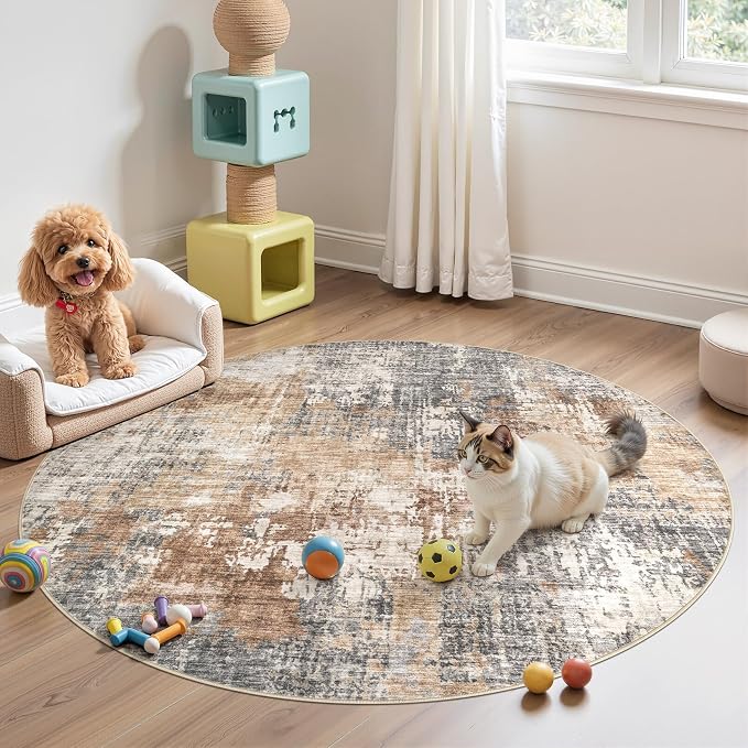 DMOYEST 6ft Round Area Rug Living Room Rugs - 6x6 Washable Large Soft Indoor Neutral Modern Abstract Low Pile Rug Carpet for Bedroom Dining Room Farmhouse Home Office - Grey Brown